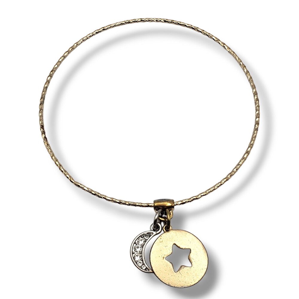 Moon Star Celestial Charm Thin Gold Tone Bangle Bracelet